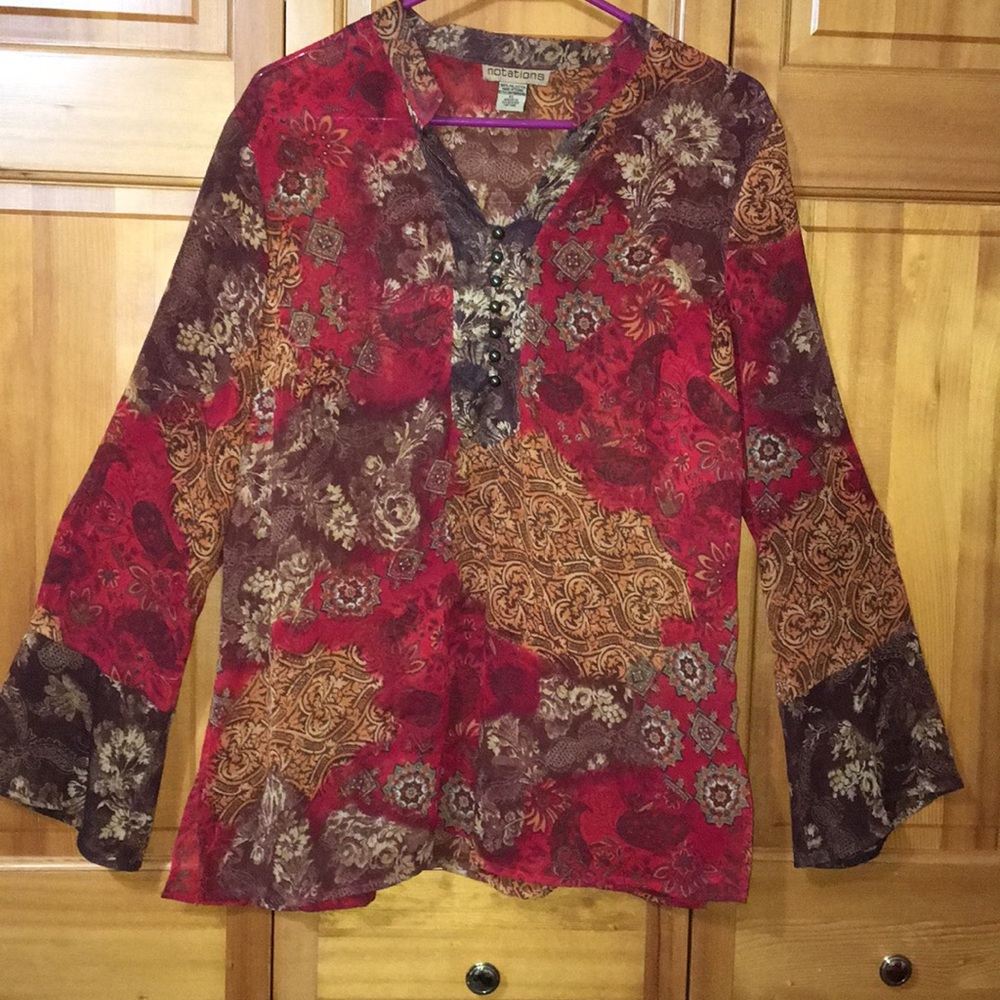 Notations Red and Brown Floral Blouse